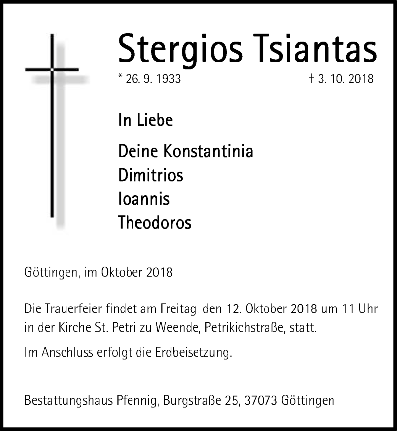  Traueranzeige für Stergios Tsiantas vom 06.10.2018 aus Göttinger Tageblatt