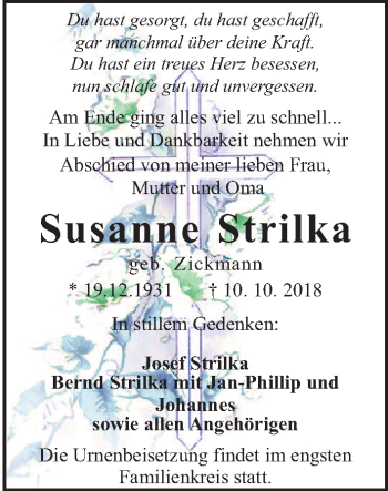 Traueranzeige von Susanne Strilka von Hannoversche Allgemeine Zeitung/Neue Presse