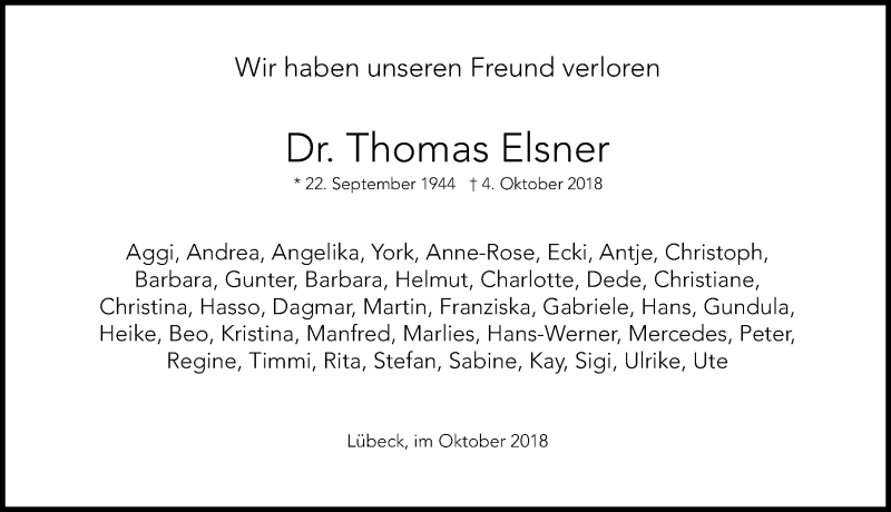  Traueranzeige für Thomas Elsner vom 14.10.2018 aus Lübecker Nachrichten