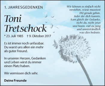 Traueranzeige von Toni Tretschock von Leipziger Volkszeitung