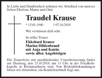 Traueranzeige von Traudel Krause von Märkischen Allgemeine Zeitung