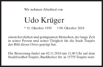 Traueranzeige von Udo Krüger von Märkischen Allgemeine Zeitung