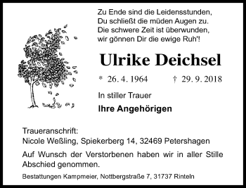 Traueranzeige von Ulrike Deichsel von Schaumburger Nachrichten