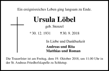 Traueranzeige von Ursula Löbel von Lübecker Nachrichten