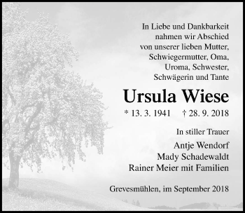 Traueranzeige von Ursula Wiese von Ostsee-Zeitung GmbH