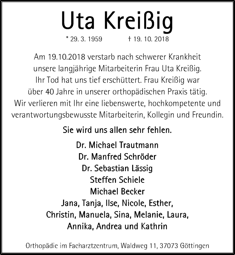  Traueranzeige für Uta Kreißig vom 27.10.2018 aus Göttinger Tageblatt