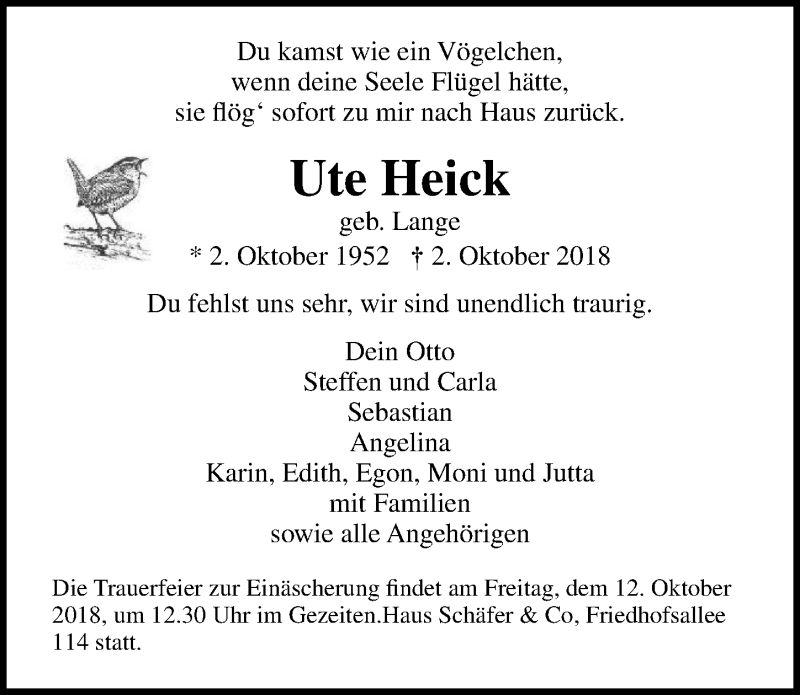  Traueranzeige für Ute Heick vom 07.10.2018 aus Lübecker Nachrichten