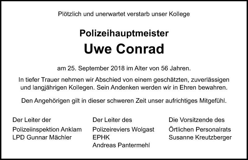  Traueranzeige für Uwe Conrad vom 18.10.2018 aus Ostsee-Zeitung GmbH