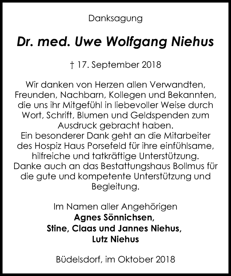  Traueranzeige für Uwe Wolfgang Niehus vom 27.10.2018 aus Kieler Nachrichten
