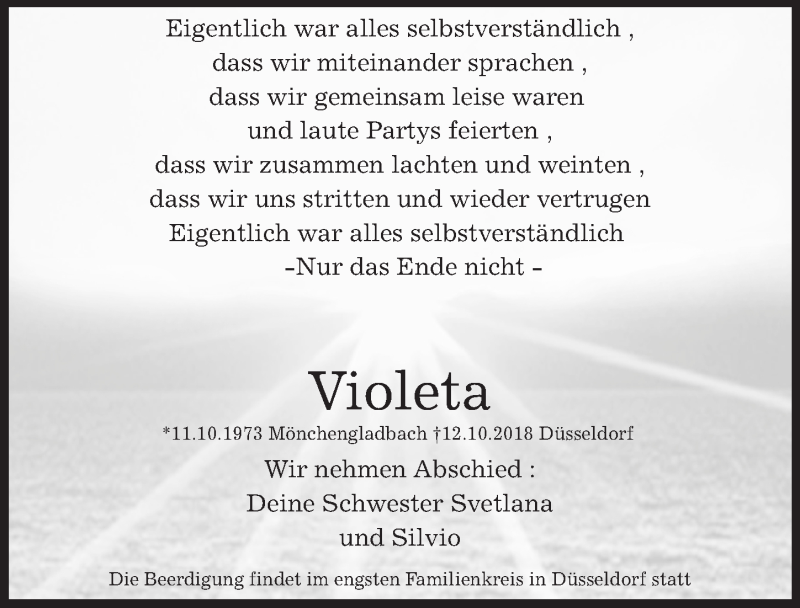  Traueranzeige für Violeta  vom 20.10.2018 aus Göttinger Tageblatt