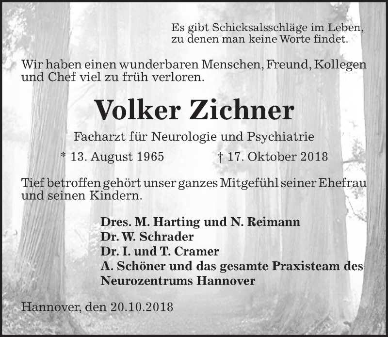  Traueranzeige für Volker Zichner vom 27.10.2018 aus Hannoversche Allgemeine Zeitung/Neue Presse