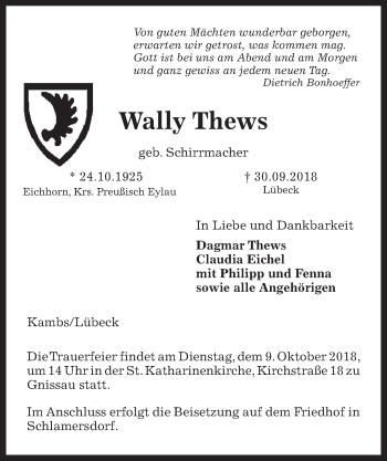 Traueranzeige von Wally Thews von Kieler Nachrichten