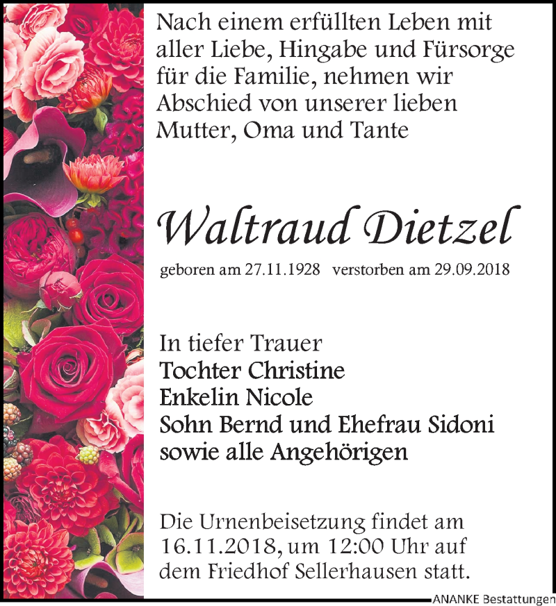  Traueranzeige für Waltraud Dietzel vom 20.10.2018 aus Leipziger Volkszeitung
