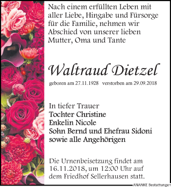 Traueranzeige von Waltraud Dietzel von Leipziger Volkszeitung