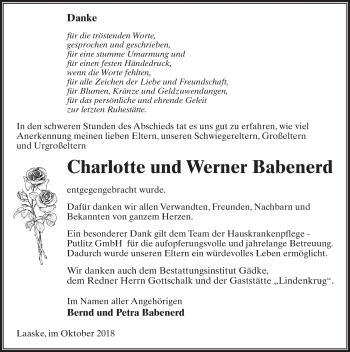 Traueranzeige von Werner Babenerd von Märkischen Allgemeine Zeitung