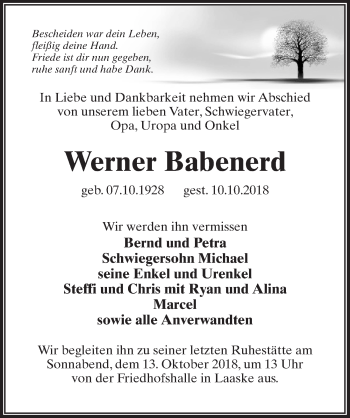 Traueranzeige von Werner Babenerd von Märkischen Allgemeine Zeitung