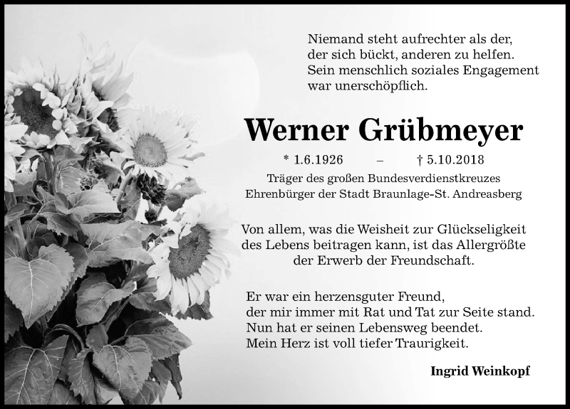  Traueranzeige für Werner Grübmeyer vom 13.10.2018 aus Hannoversche Allgemeine Zeitung/Neue Presse