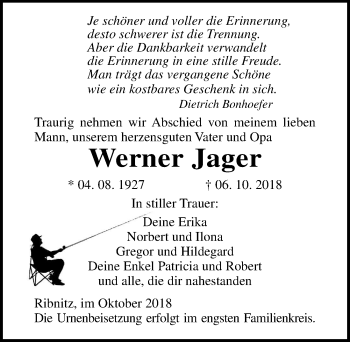 Traueranzeige von Werner Jager von Ostsee-Zeitung GmbH