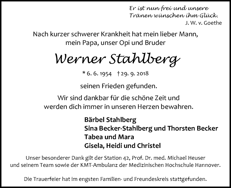  Traueranzeige für Werner Stahlberg vom 13.10.2018 aus Hannoversche Allgemeine Zeitung/Neue Presse