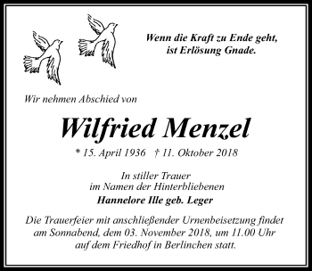 Traueranzeige von Wilfried Menzel von Märkischen Allgemeine Zeitung