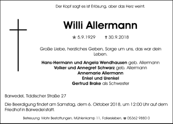 Traueranzeige von Willi Allermann von Aller Zeitung