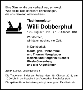 Traueranzeige von Willi Dobberpuhl von Lübecker Nachrichten