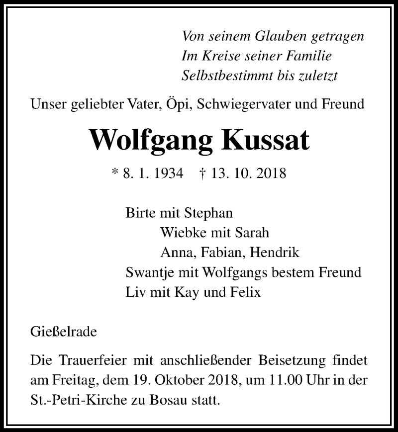  Traueranzeige für Wolfgang Kussat vom 17.10.2018 aus Lübecker Nachrichten
