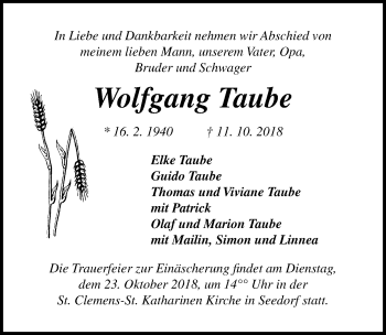 Traueranzeige von Wolfgang Taube von Lübecker Nachrichten