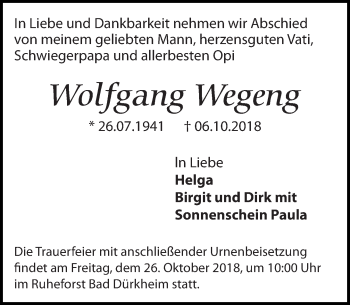 Traueranzeige von Wolfgang Wegeng von Leipziger Volkszeitung