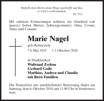 Traueranzeige von Marie Nagel 