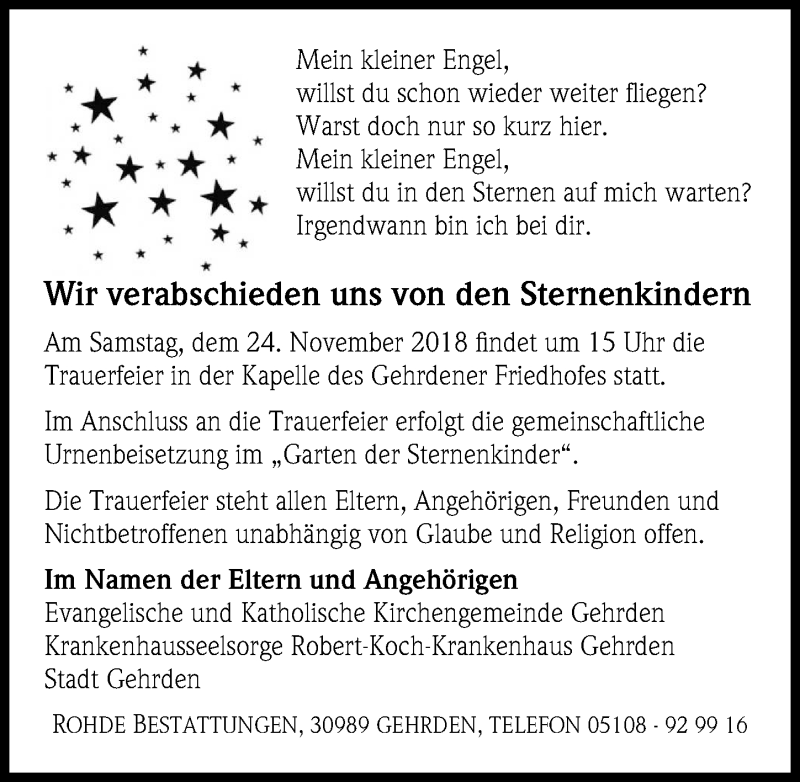  Traueranzeige für Abschied von den Sternenkindern  vom 17.11.2018 aus Hannoversche Allgemeine Zeitung/Neue Presse
