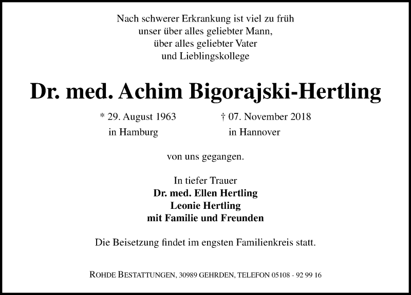  Traueranzeige für Achim Bigorajski-Hertling vom 17.11.2018 aus Hannoversche Allgemeine Zeitung/Neue Presse