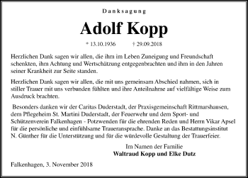 Traueranzeige von Adolf Kopp von Göttinger Tageblatt