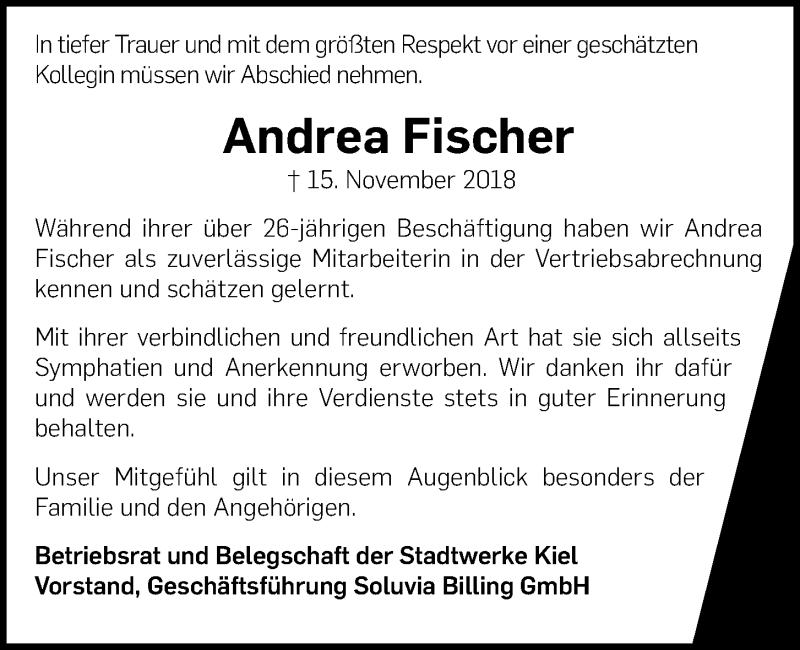  Traueranzeige für Andrea Fischer vom 24.11.2018 aus Kieler Nachrichten