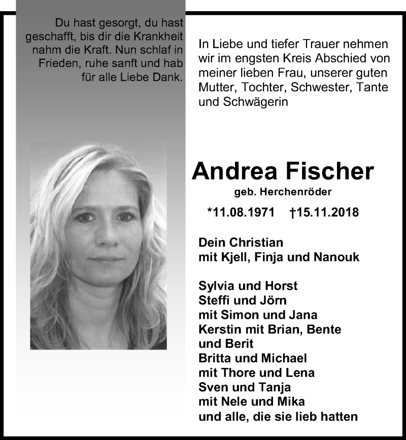  Traueranzeige für Andrea Fischer vom 24.11.2018 aus Kieler Nachrichten