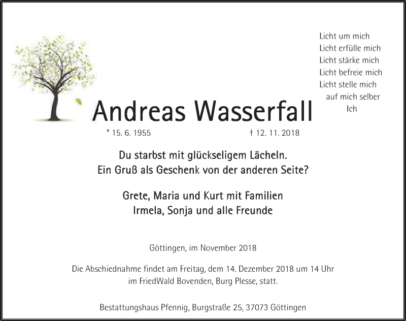  Traueranzeige für Andreas Wasserfall vom 17.11.2018 aus Göttinger Tageblatt