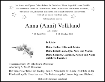 Traueranzeige von Anna Volkland von Hannoversche Allgemeine Zeitung/Neue Presse