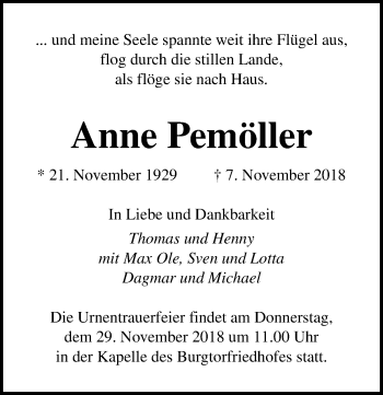 Traueranzeige von Anne Pemöller von Ostsee-Zeitung GmbH