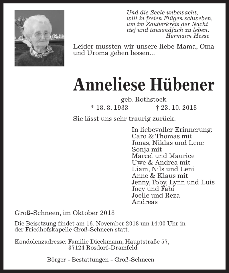  Traueranzeige für Anneliese Hübener vom 03.11.2018 aus Göttinger Tageblatt