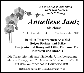 Traueranzeige von Anneliese Jantz von Märkischen Allgemeine Zeitung