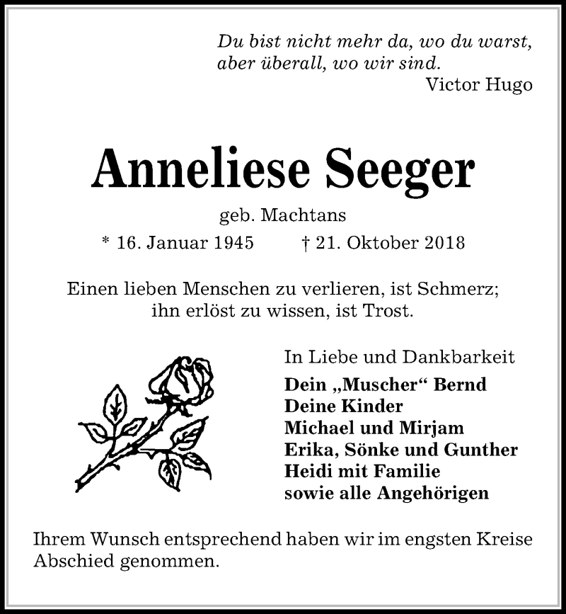  Traueranzeige für Anneliese Seeger vom 02.11.2018 aus Kieler Nachrichten