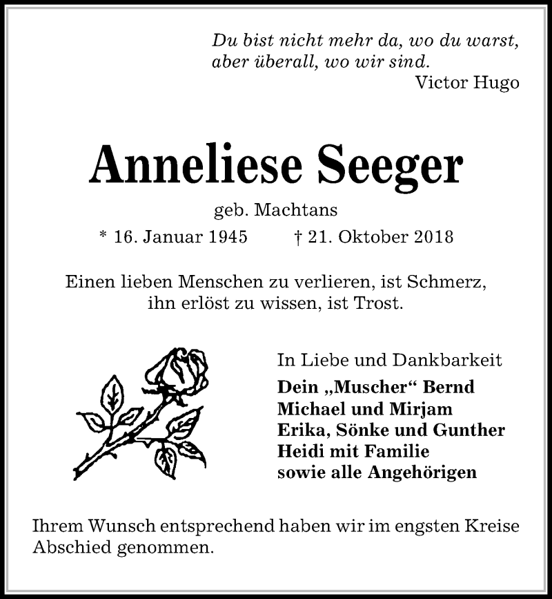  Traueranzeige für Anneliese Seeger vom 03.11.2018 aus Kieler Nachrichten