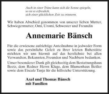 Traueranzeige von Annemarie Bänsch von Märkischen Allgemeine Zeitung