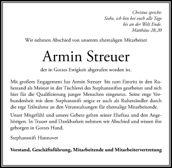 Traueranzeige von Armin Streuer von Hannoversche Allgemeine Zeitung/Neue Presse