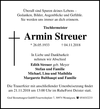 Traueranzeige von Armin Streuer von Hannoversche Allgemeine Zeitung/Neue Presse