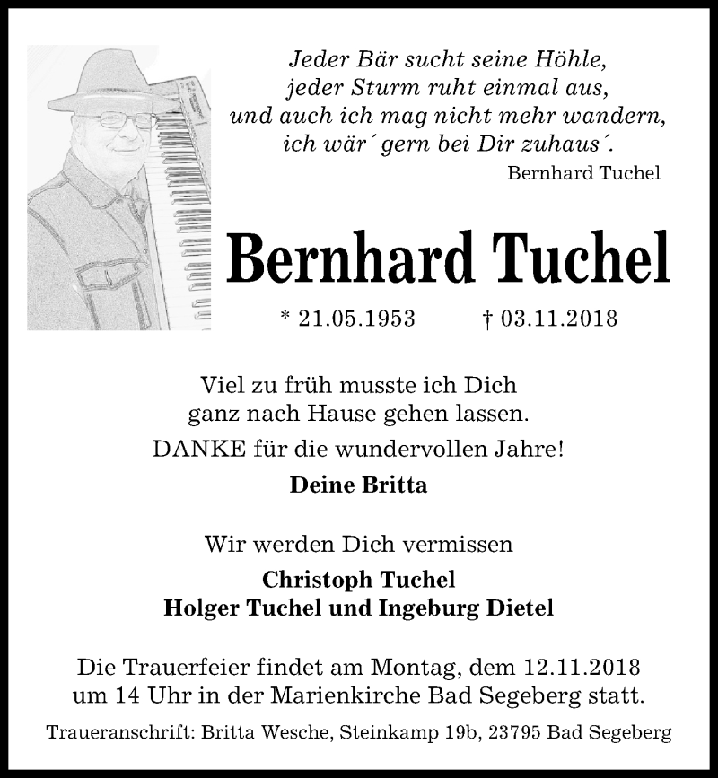  Traueranzeige für Bernhard Tuchel vom 08.11.2018 aus Kieler Nachrichten