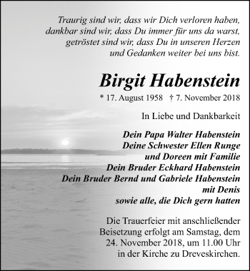 Traueranzeige von Birgit Habenstein von Ostsee-Zeitung GmbH