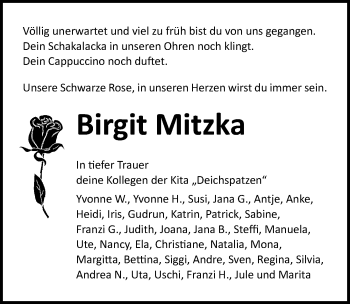 Traueranzeige von Birgit Mitzka von Ostsee-Zeitung GmbH