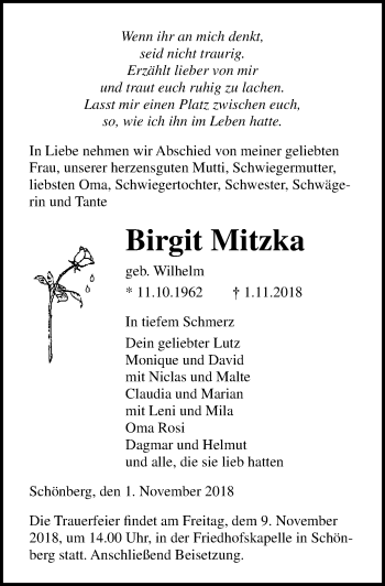 Traueranzeige von Birgit Mitzka von Ostsee-Zeitung GmbH