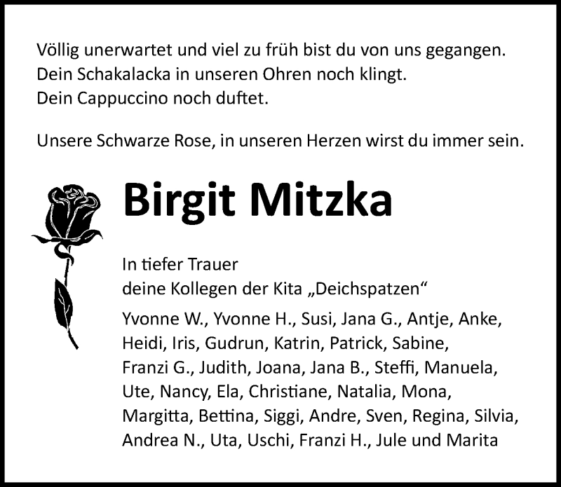  Traueranzeige für Birgit Mitzka vom 08.11.2018 aus Ostsee-Zeitung GmbH